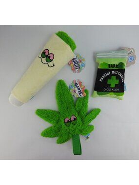 BARK Dog Toys  Hemp Plush Dog Toy Set 4 20 Leaf Joint Kush Funny NWT 3pc Lot